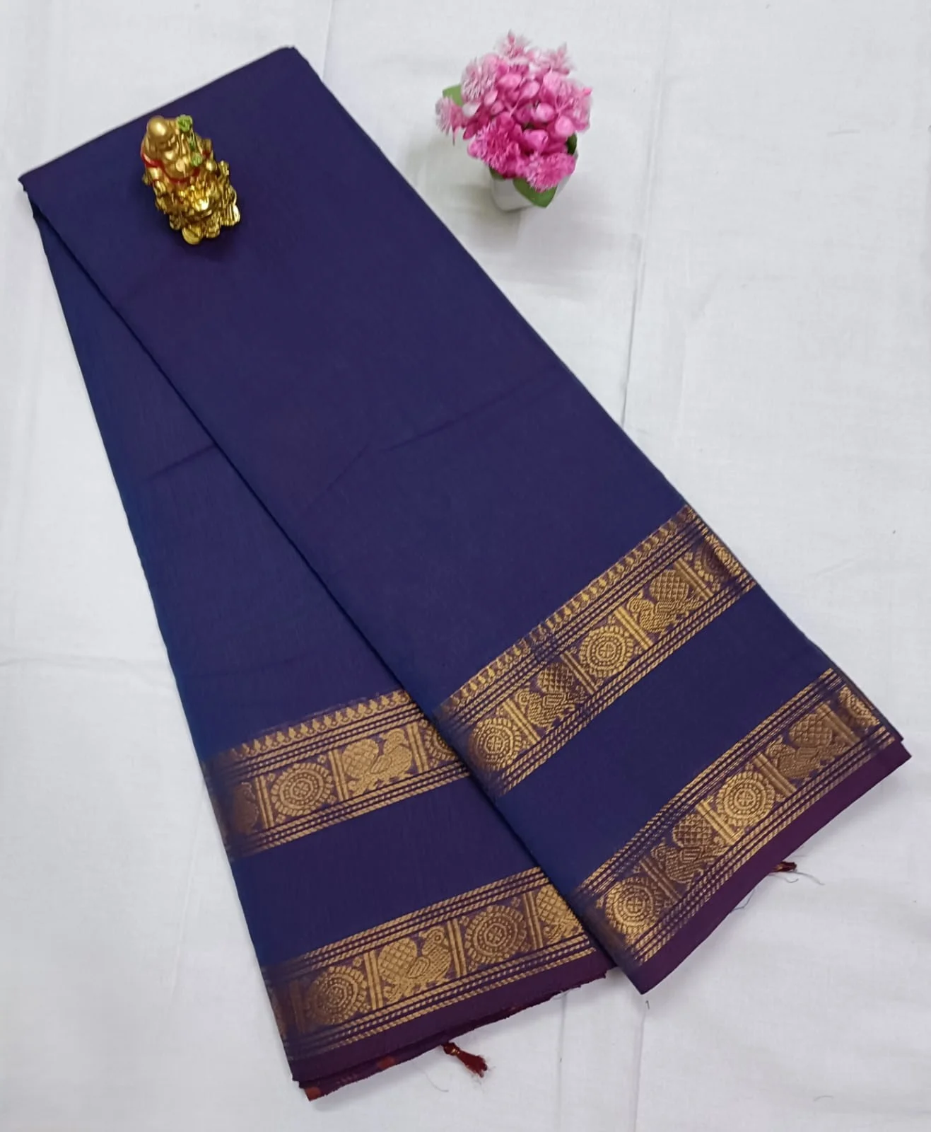Deep Indigo Blue Kanchi Cotton Zari Border Saree